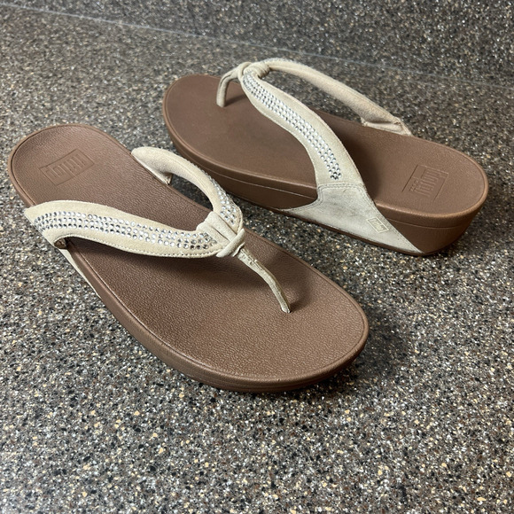 FitFlop Cream Sequined Thong Summer Sandal Womens Size 11 Comfort Casual Slip On - Picture 1 of 11